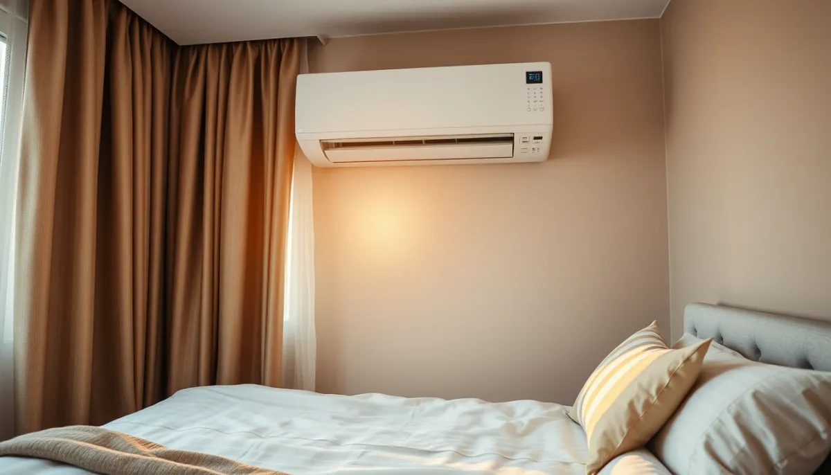 Chambre confortable avec climatisation réversible fixe au-dessus du lit, lumière dorée